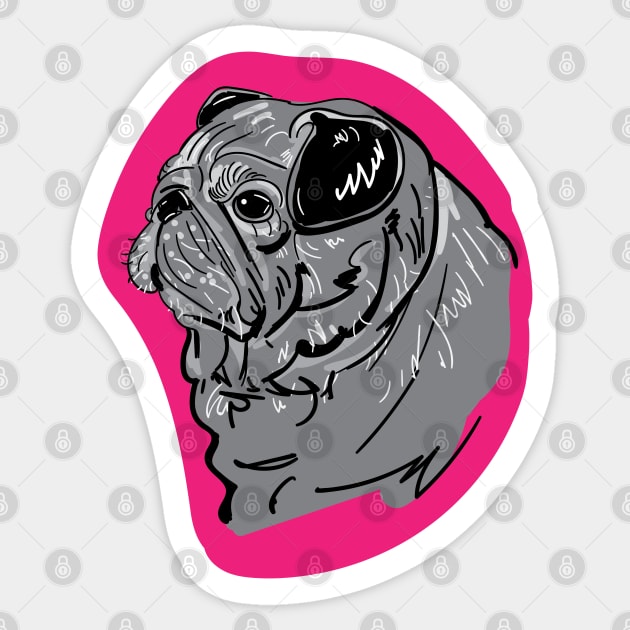 Pug Dog Portrait Sketch on Pink Sticker by silentrob668